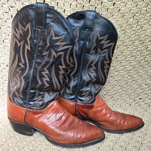 Vintage 90s Justin Boots Lizard Leather Black Brown Cowboy Boots Men's 9D